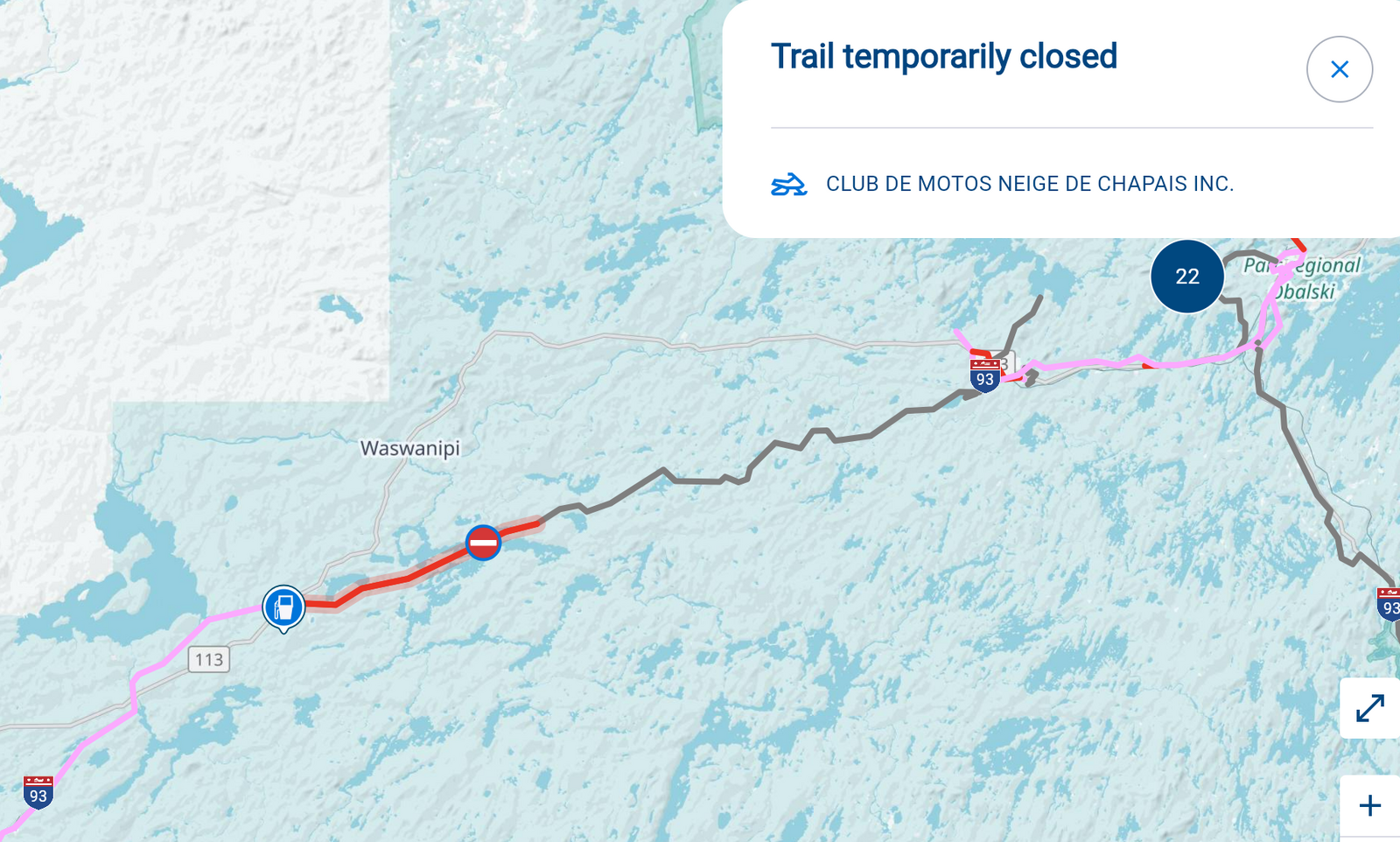 Trail 93 is now closed between Chapais and Desmaraisville until February 1