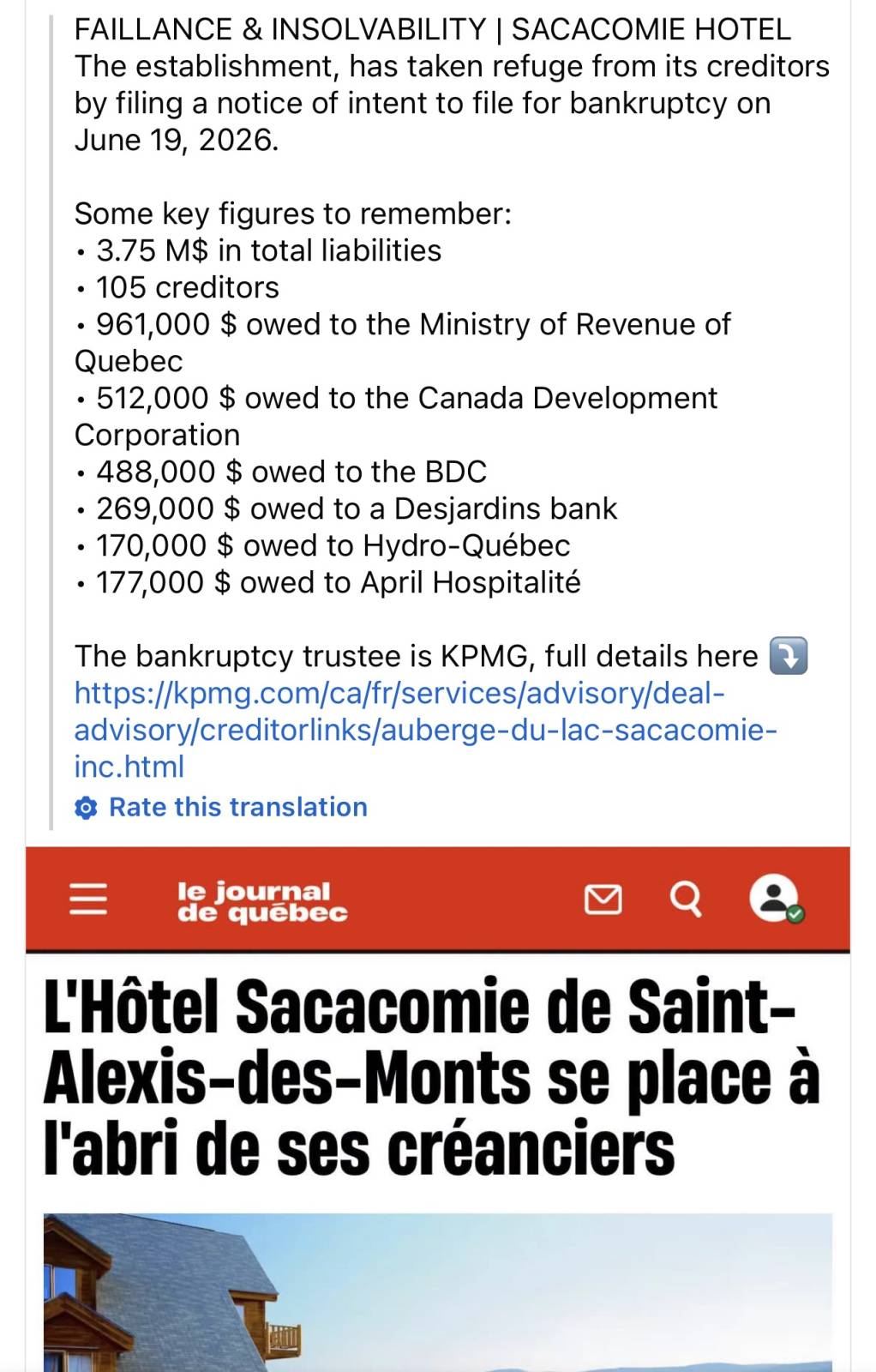 Hôtel Sacacomie Financial Problems